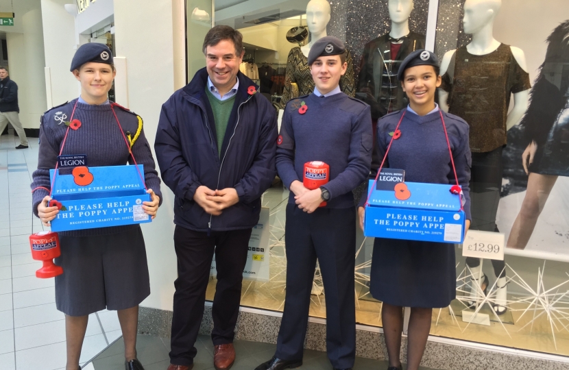Jeremy Quin MP with members if the Horsham Air Cadet Squadron collecting for the Poppy Appeal in Swan Walk