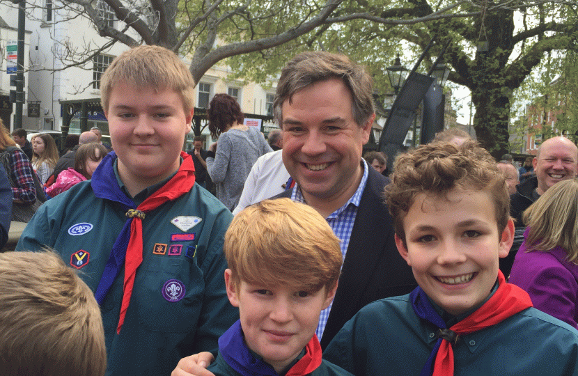 With members of Shipley Scout Group in Carfax for the St George's Day parade 