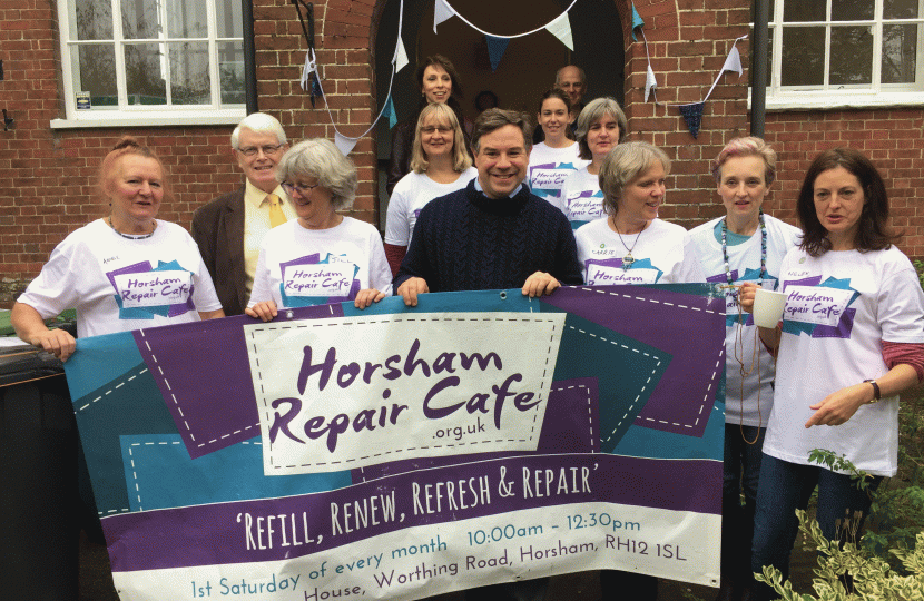 With Cllr Philip Circus of HDC and some of the brilliant volunteers at the launch of the Horsham Repair Cafe at the Friends Meeting House in Worthing Road last Saturday