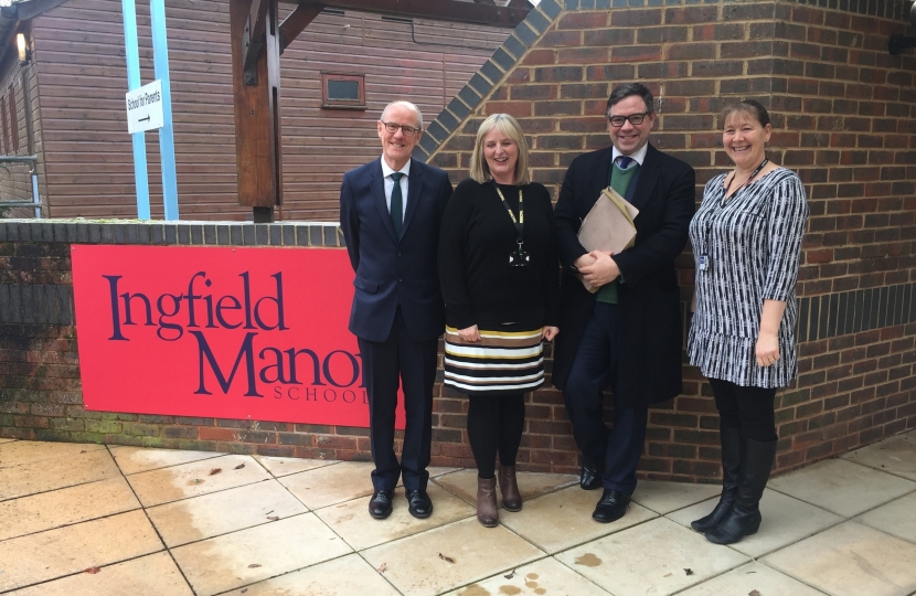 At Ingfield Manor School near Billingshurst accompanying Nick Gibb MP on a recent visit. The School is currently sponsored by the charity Scope and achieves extraordinary results with students who require additional help. 