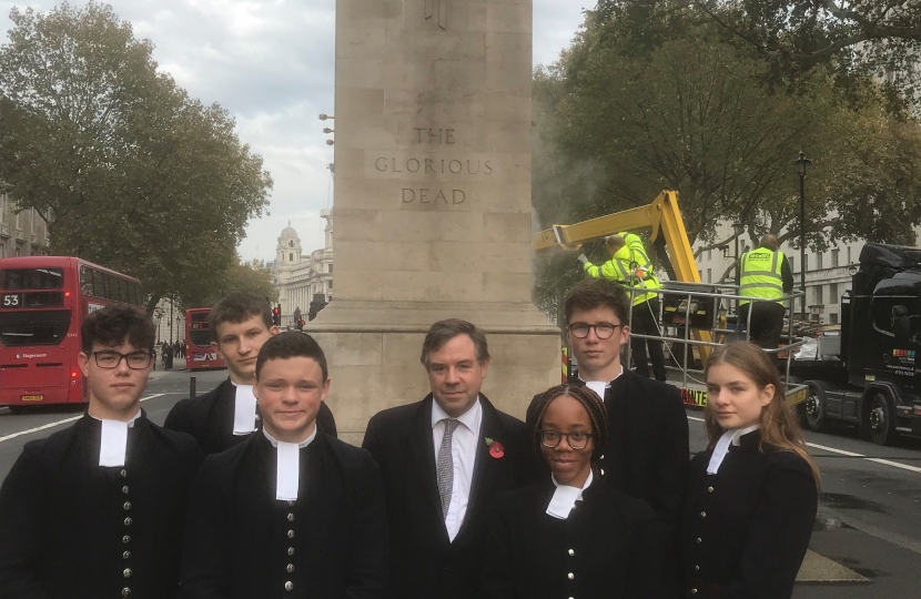 With Christ’s Hospital students on Monday at the Cenotaph which was being spruced up for Remembrance Sunday, in which the school’s band will be taking a prominent role in the March Past.