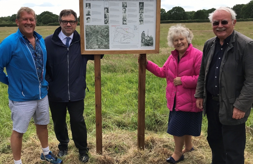 Jeremy Quin with Gordon Lindsay and Kate Rowbottom of Horsham District Council and Richard Harries of Shipley Men’s Shed at the unveiling of the new plaque commemorating the role of Coolham Airfield.