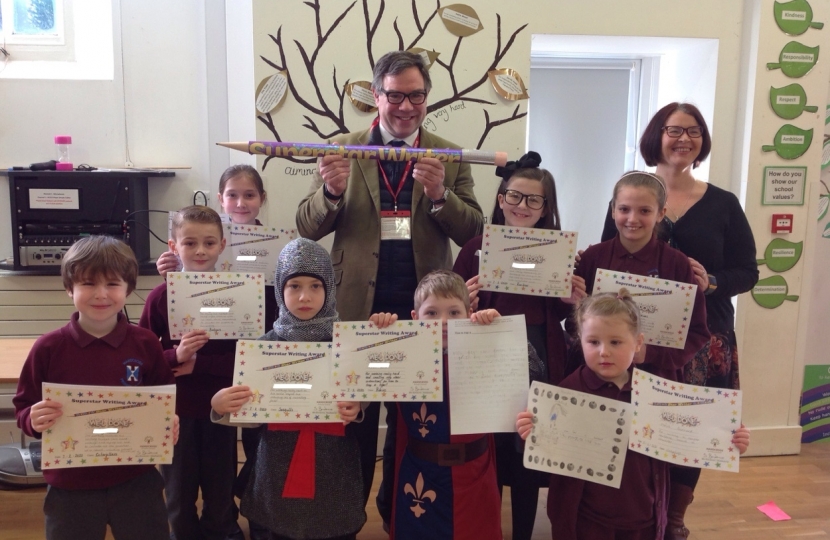 Jeremy Quin met pupils at Handcross School on Friday (some of whom were dressed for a medieval banquet!) and was delighted to hand out books and certificates including the ”Super Writers” who had been praised in a national competition.